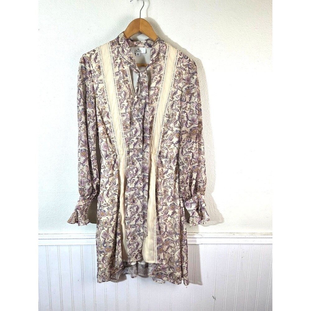 We Are Kindred Floral Mini Dress Womens US 4 Boho Tie Neck Long Sleeve Lace